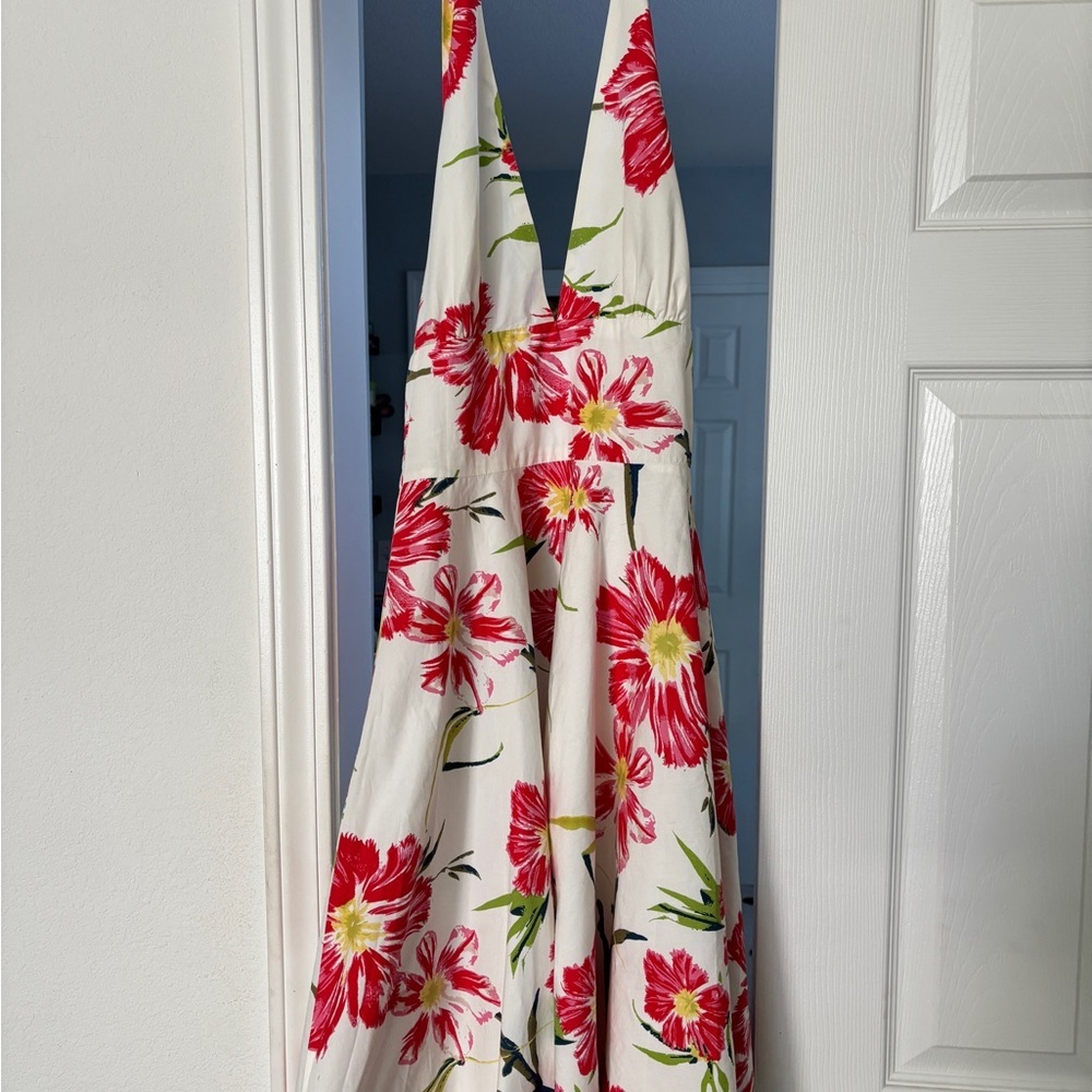 Max and Chloe knee length Floral halter Dress with Red and Green Accents size 2